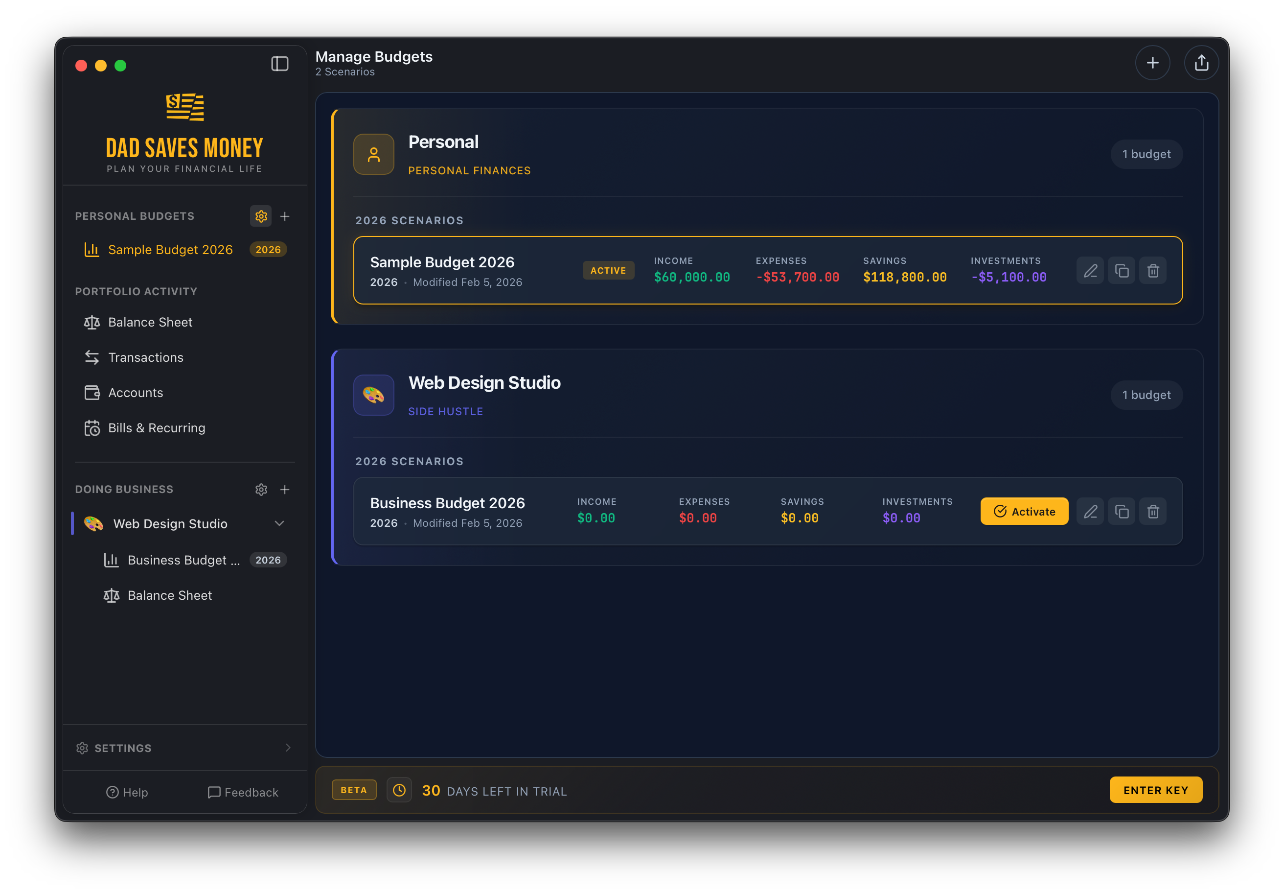 Manage Budgets view showing personal and business budget scenarios